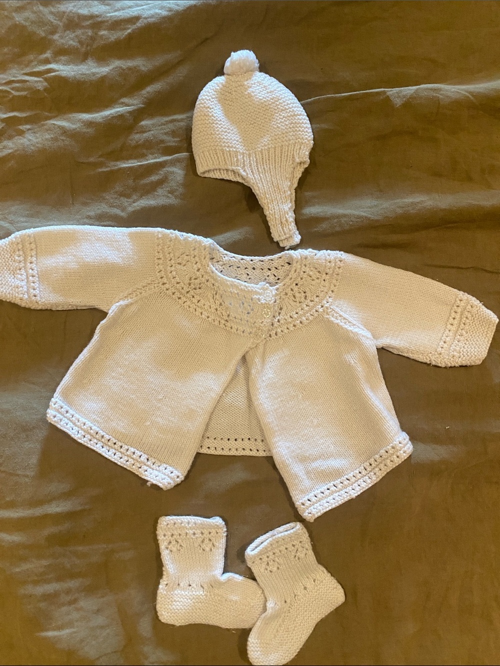 Vintage Hand-Knit Baby Cardigan, Hat & Booties Set - newborn size